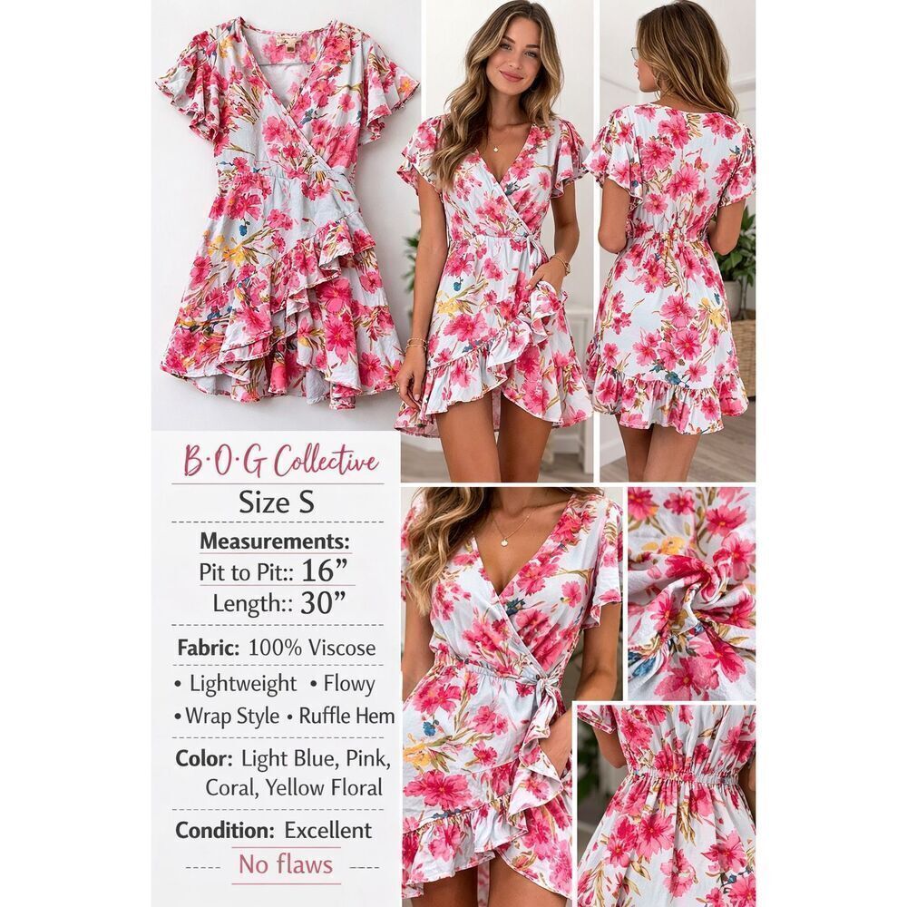 O.G Collective Floral Wrap Dress Small Blue Pink Ruffle Hem Mini